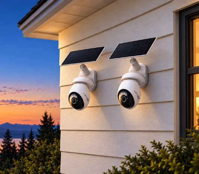 Two white Tapo 4K solar security cameras mounted under a home's eave at dusk